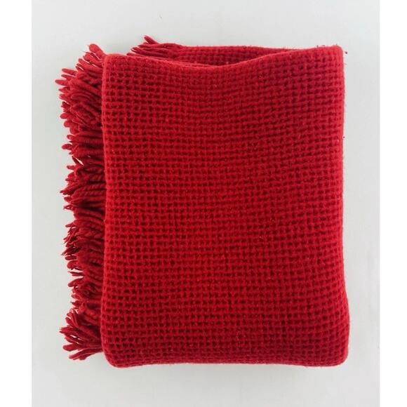 Crate & Barrel Wool Baby Blanket Brick Red Fringe Soft Waffle Portugal Kristina - Picture 1 of 13